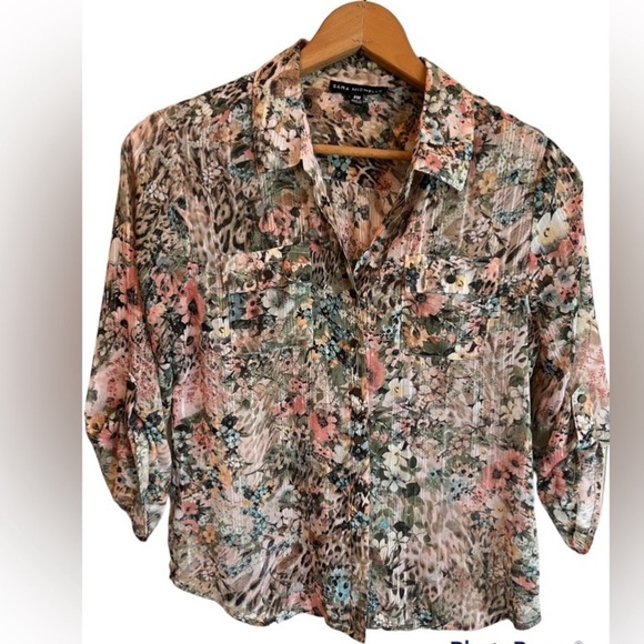 SARA MICHELLE FLORAL sheer women's med petite button top shimmery thread spring - Picture 3 of 13